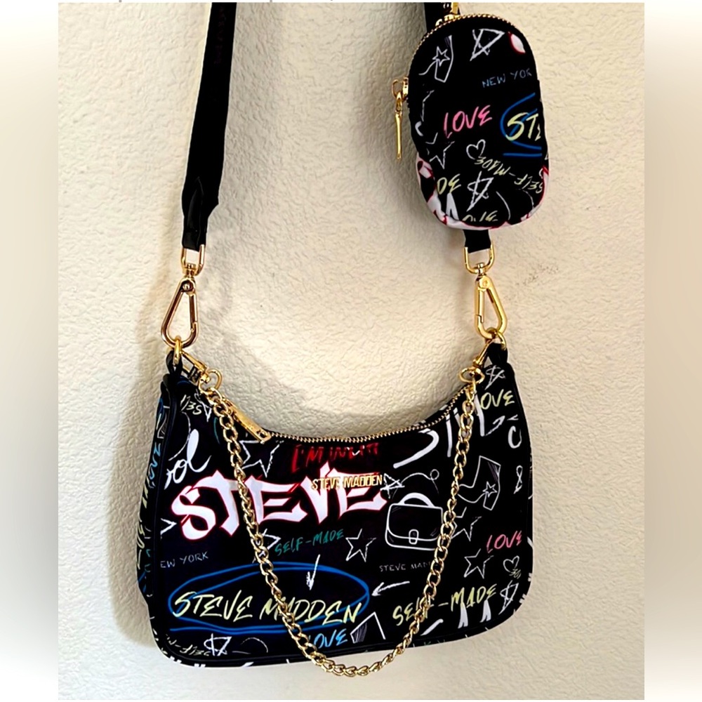 STEVE MADDEN Crossbody Bag, Black/Multi-Colored Design, NWOT